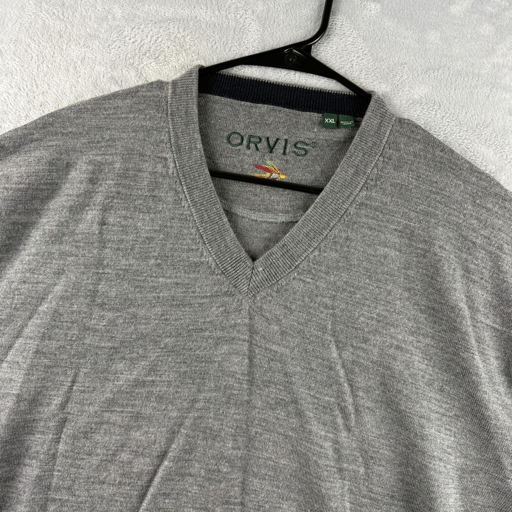 Orvis Sweater Mens 2XL Gray Merino Wool V Neck Lightweight Knit Pullover